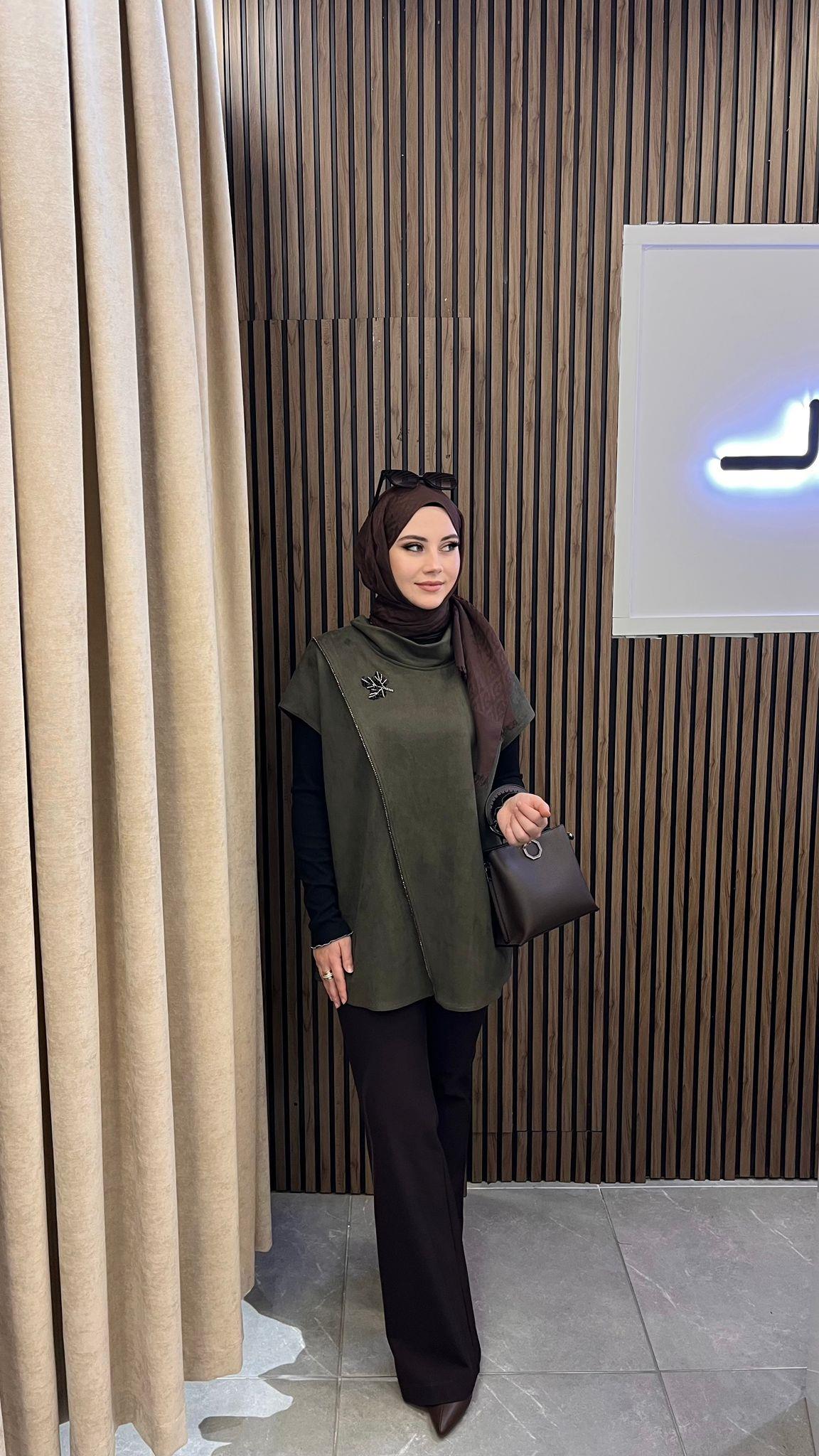 Qmash 02911 Süet Süveter Yeşil – Yaprak İşleme Detaylı Dik Yaka