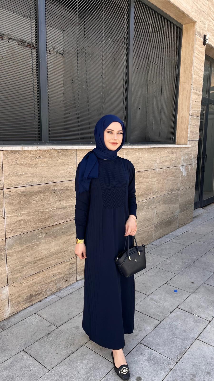 Nuss 509 Desenli Triko Elbise Lacivert