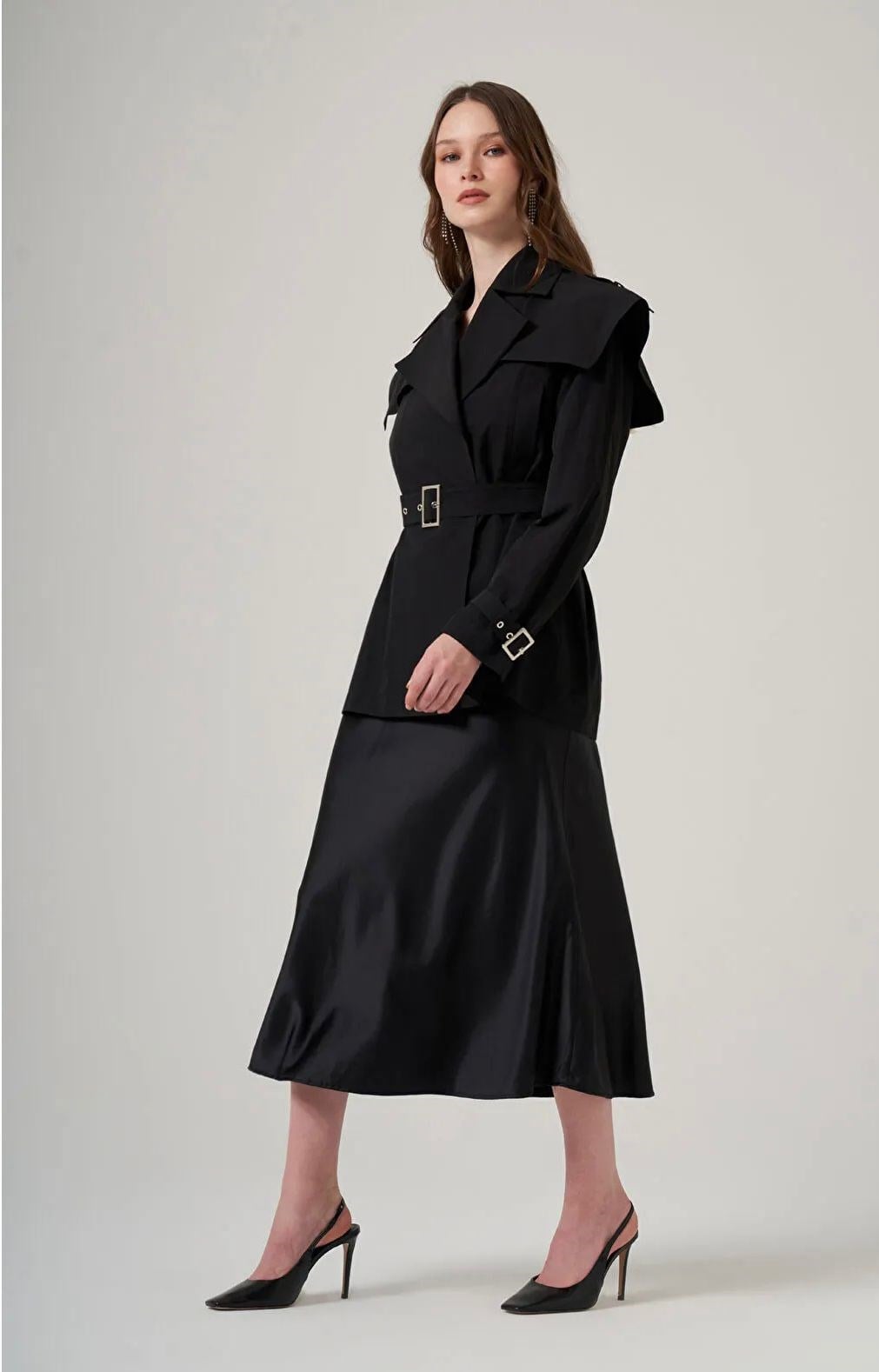 Nuss 6042 Kuşak Detaylı Kap Ceket Siyah