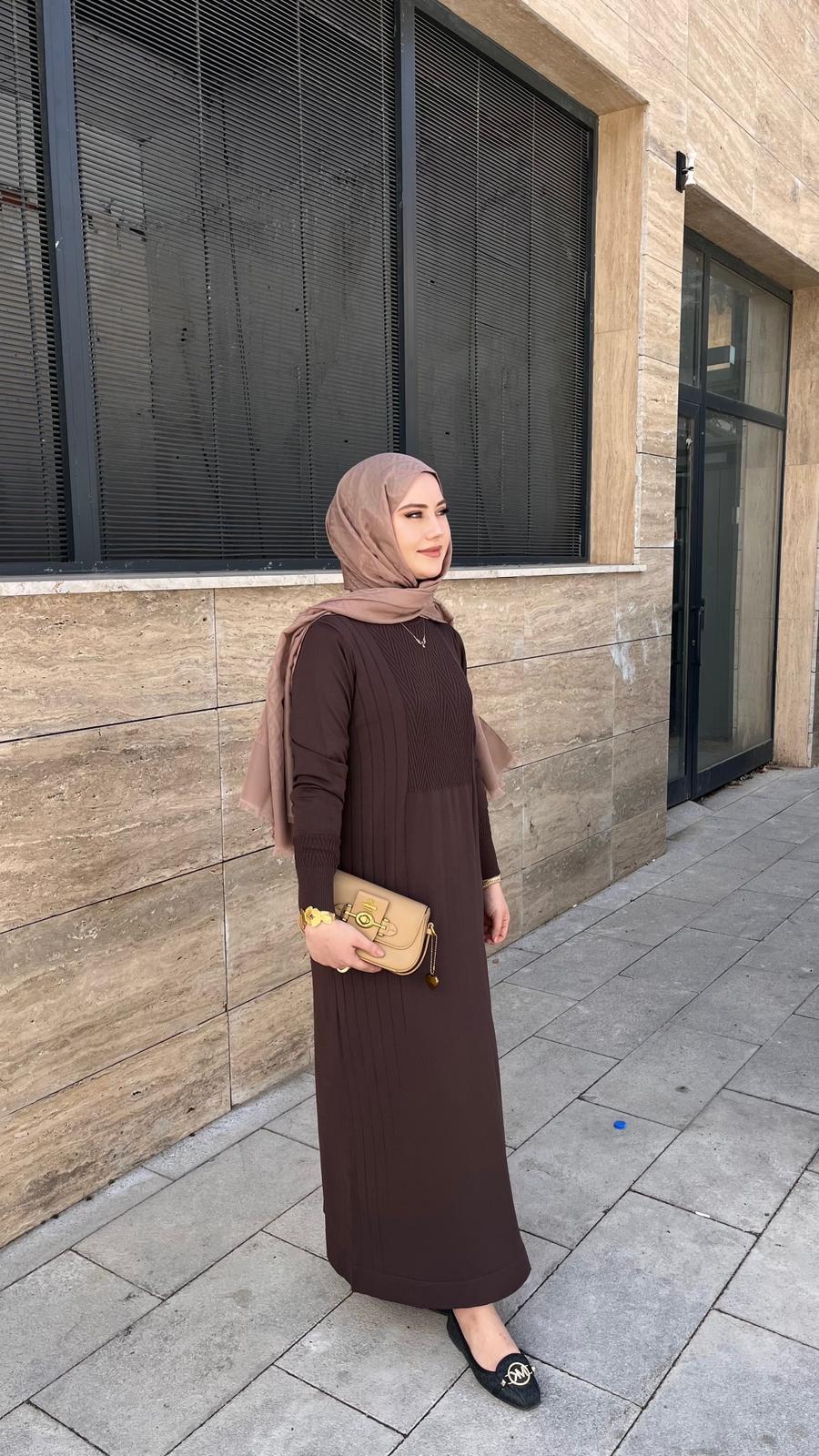 Nuss 509 Desenli Triko Elbise Kahve