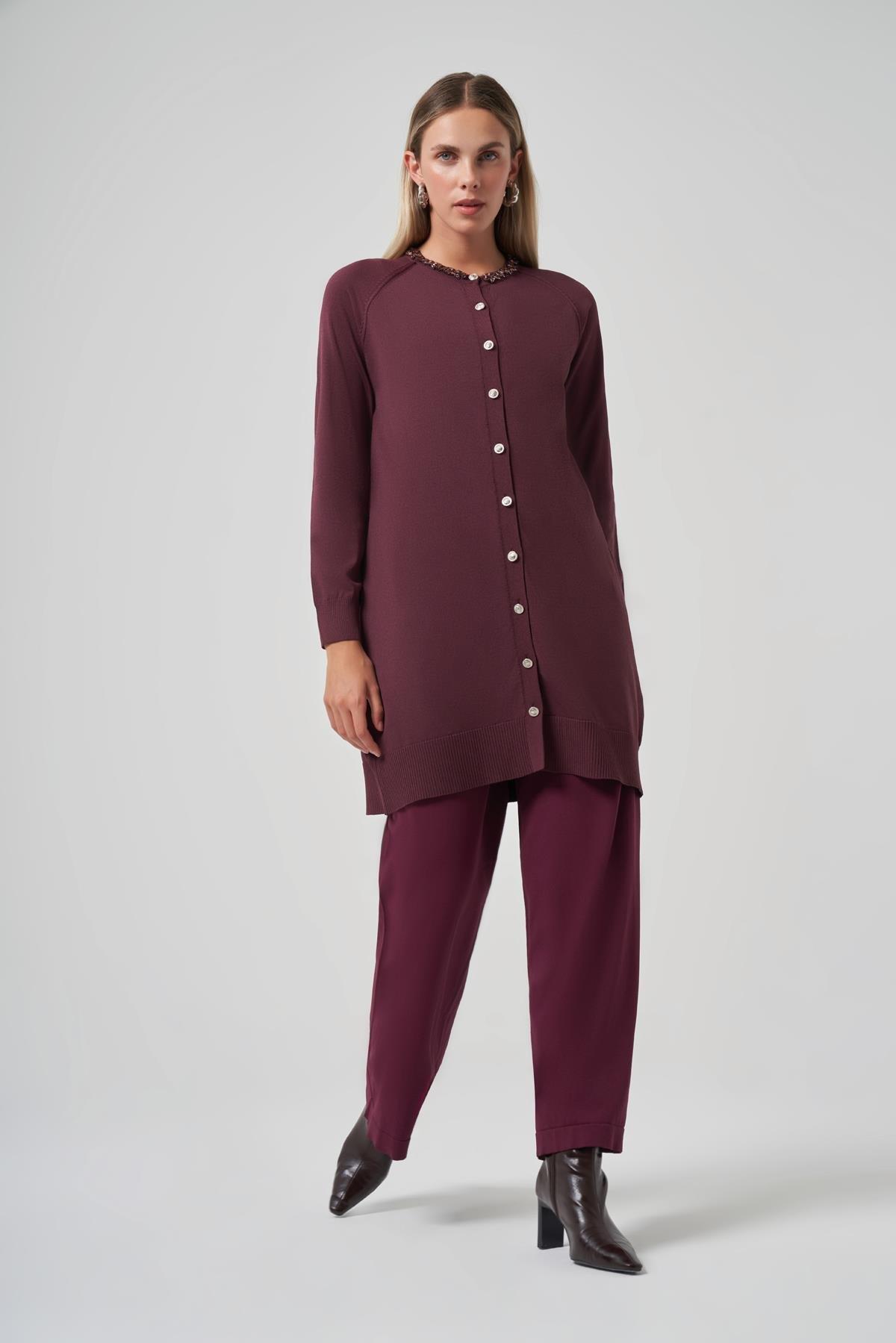 Nuss 300T Yakası Taş İşlemeli Merserize Tunik Bordo