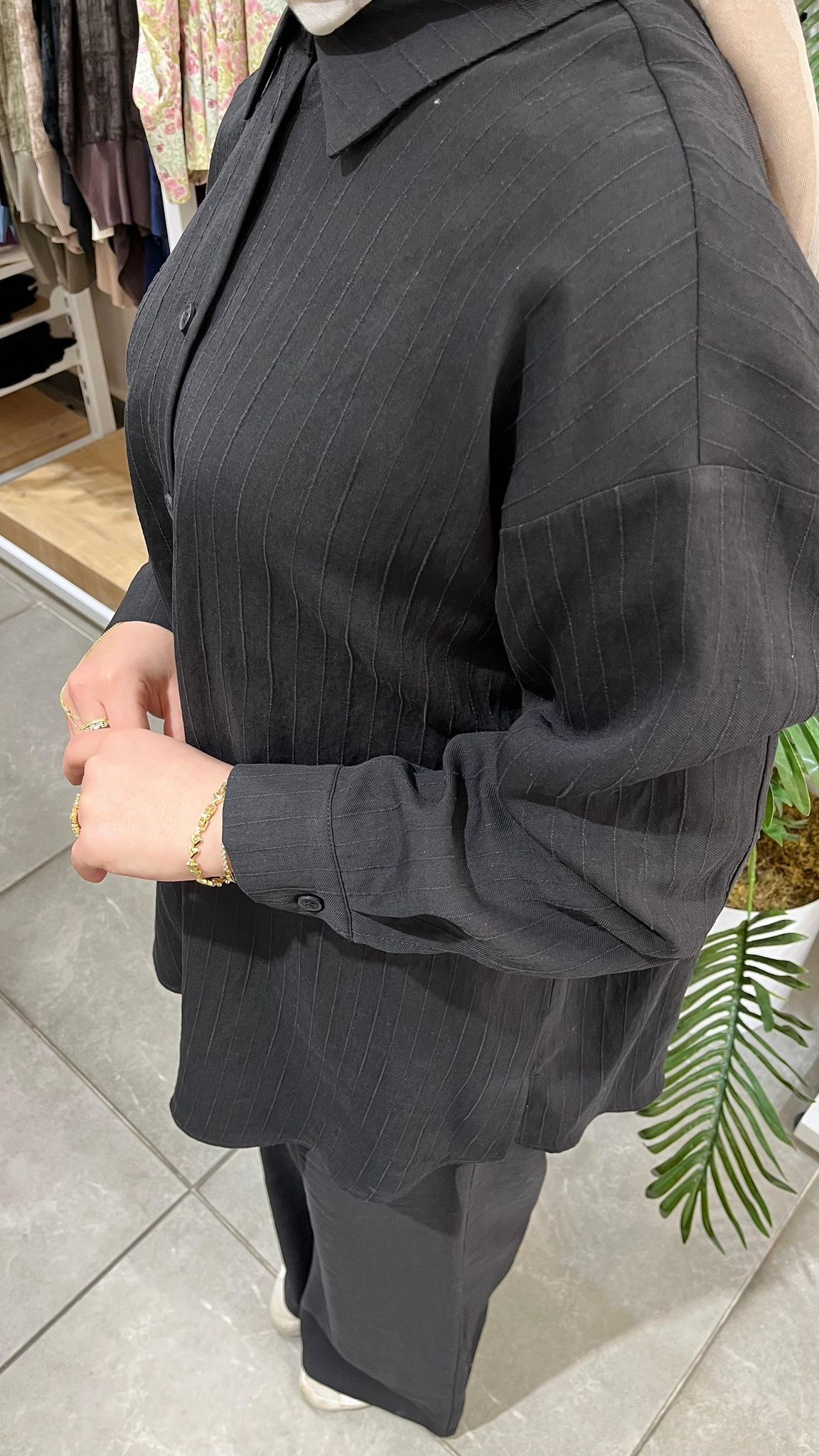 Nuss 1081 Kendinden Çİzgili Pantolonlu Takım Siyah