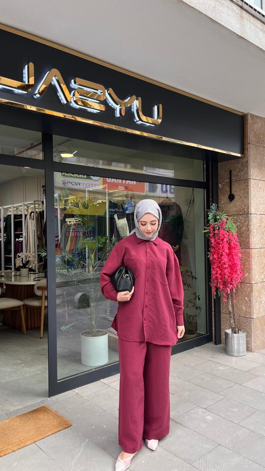 Nuss 1021 Kendinden Çizgili Pantolonlu Takım Bordo