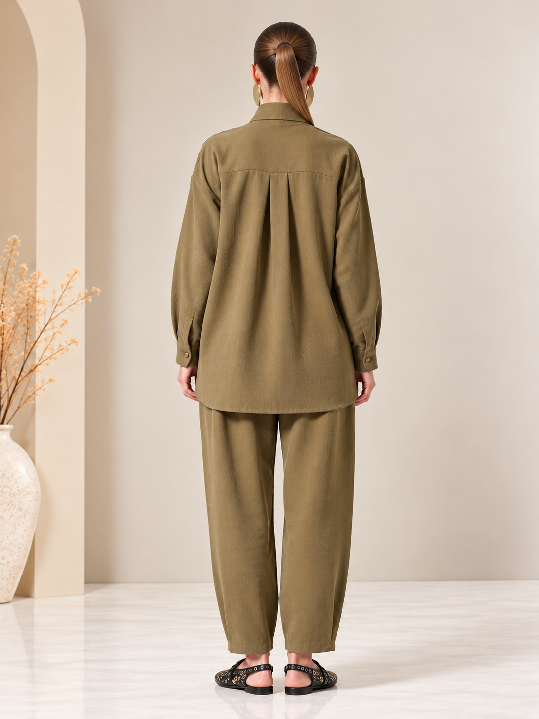 Nuss 1092 Çift Cep Detay Kendinden Desenli Takım Olive