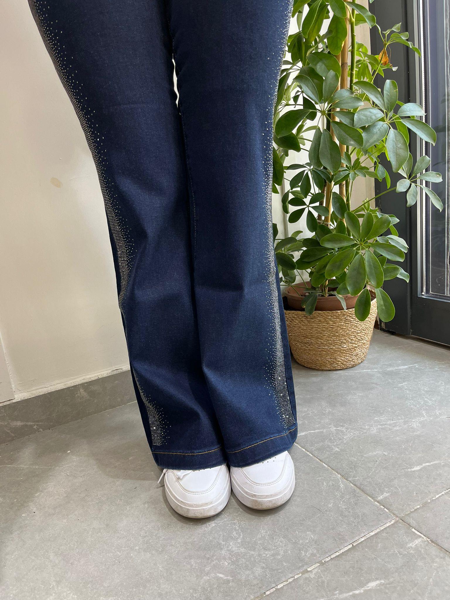 İspanyol Paça Yanı Taş Şeritli Kot Pantolon K.Mavi 4000