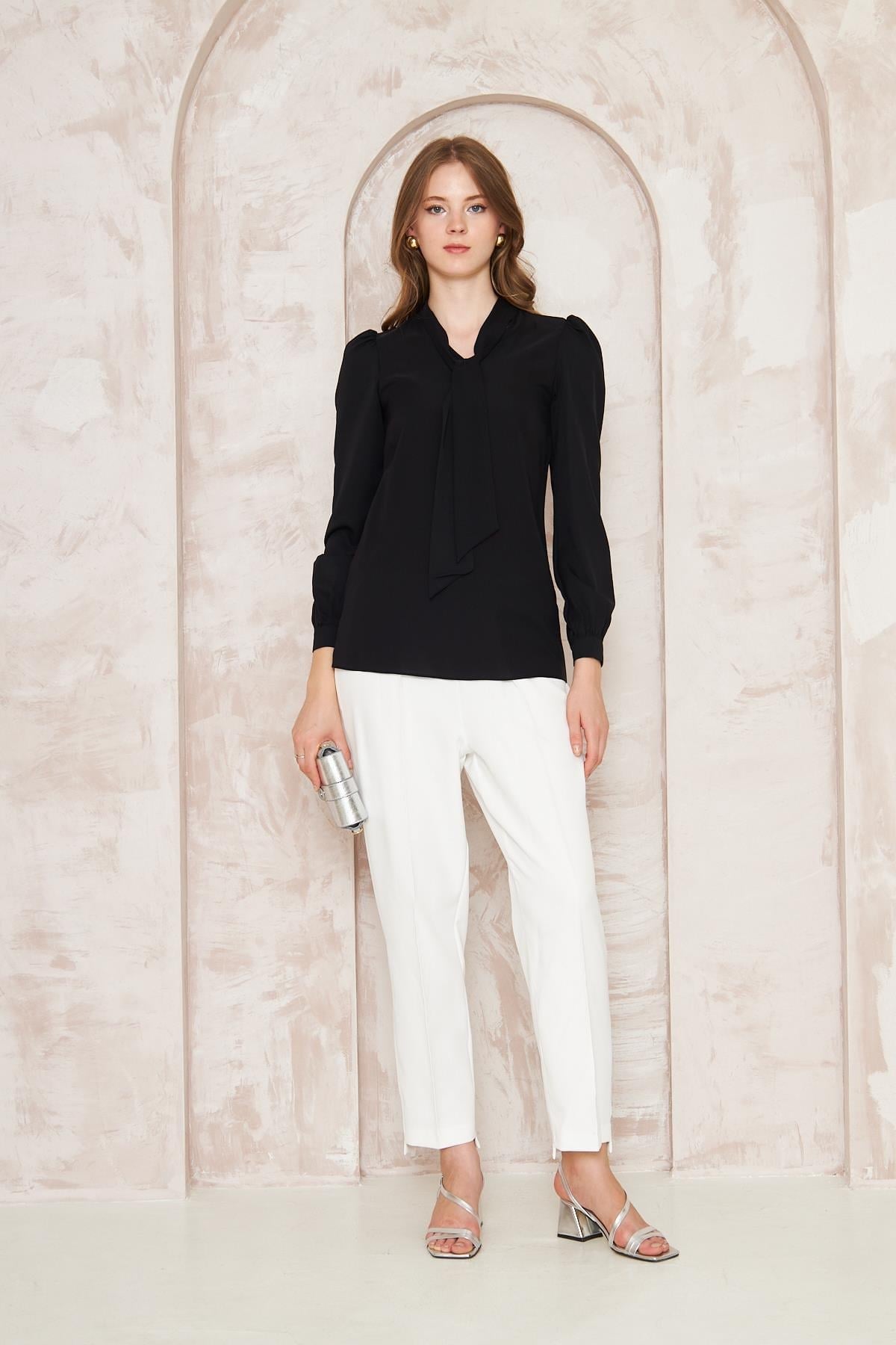 Lovelf Büzgü Kol Fularlı Gömlek Siyah