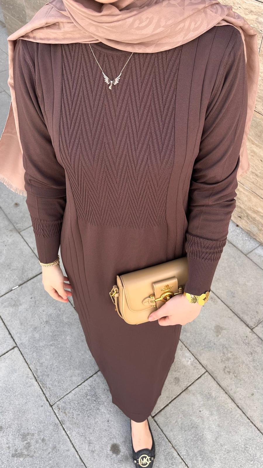 Nuss 509 Desenli Triko Elbise Kahve