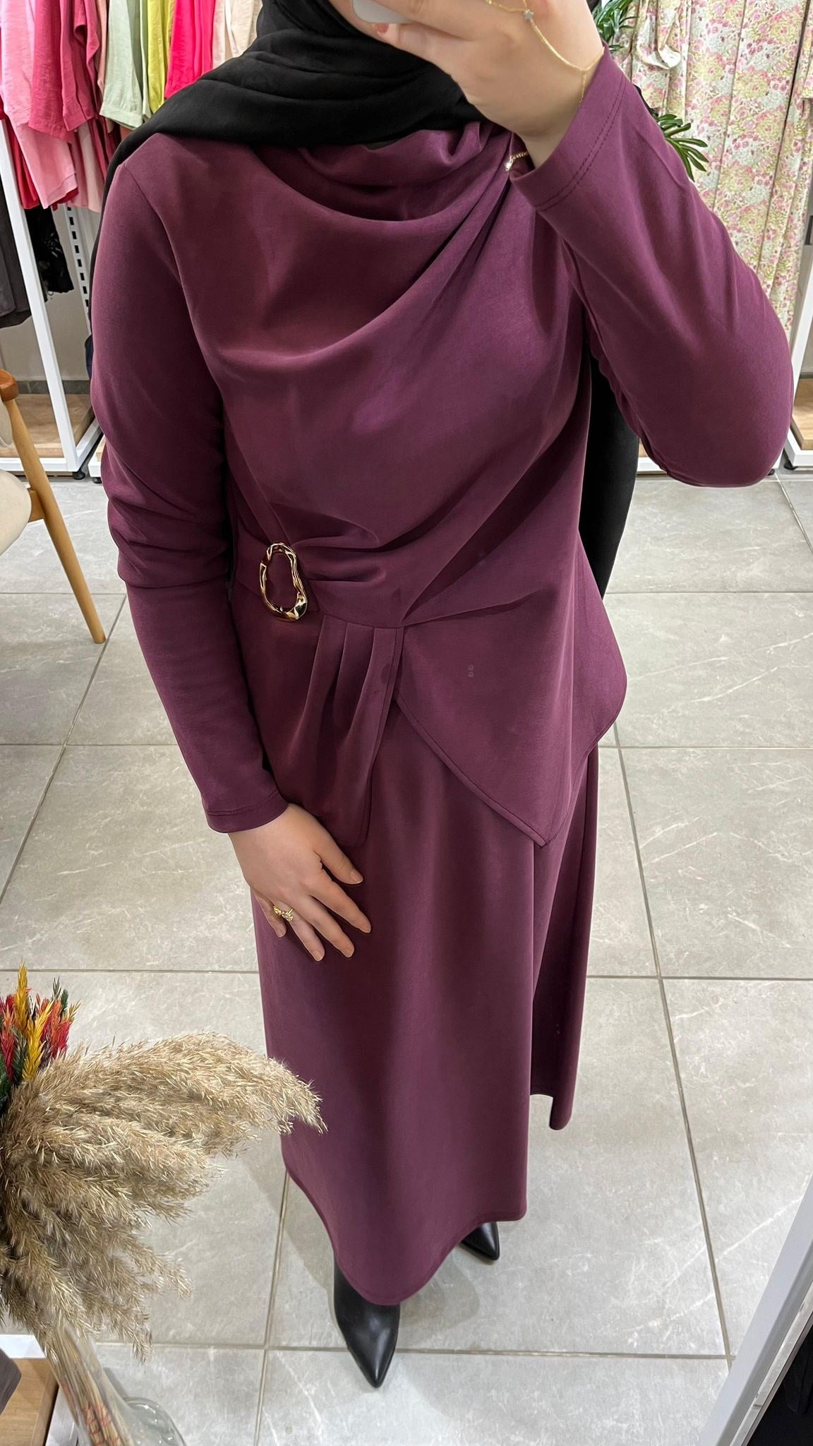 Nuss 1080 Gold Toka Detaylı Drapeli Balıkçı Yaka Etekli Takım Mürdüm