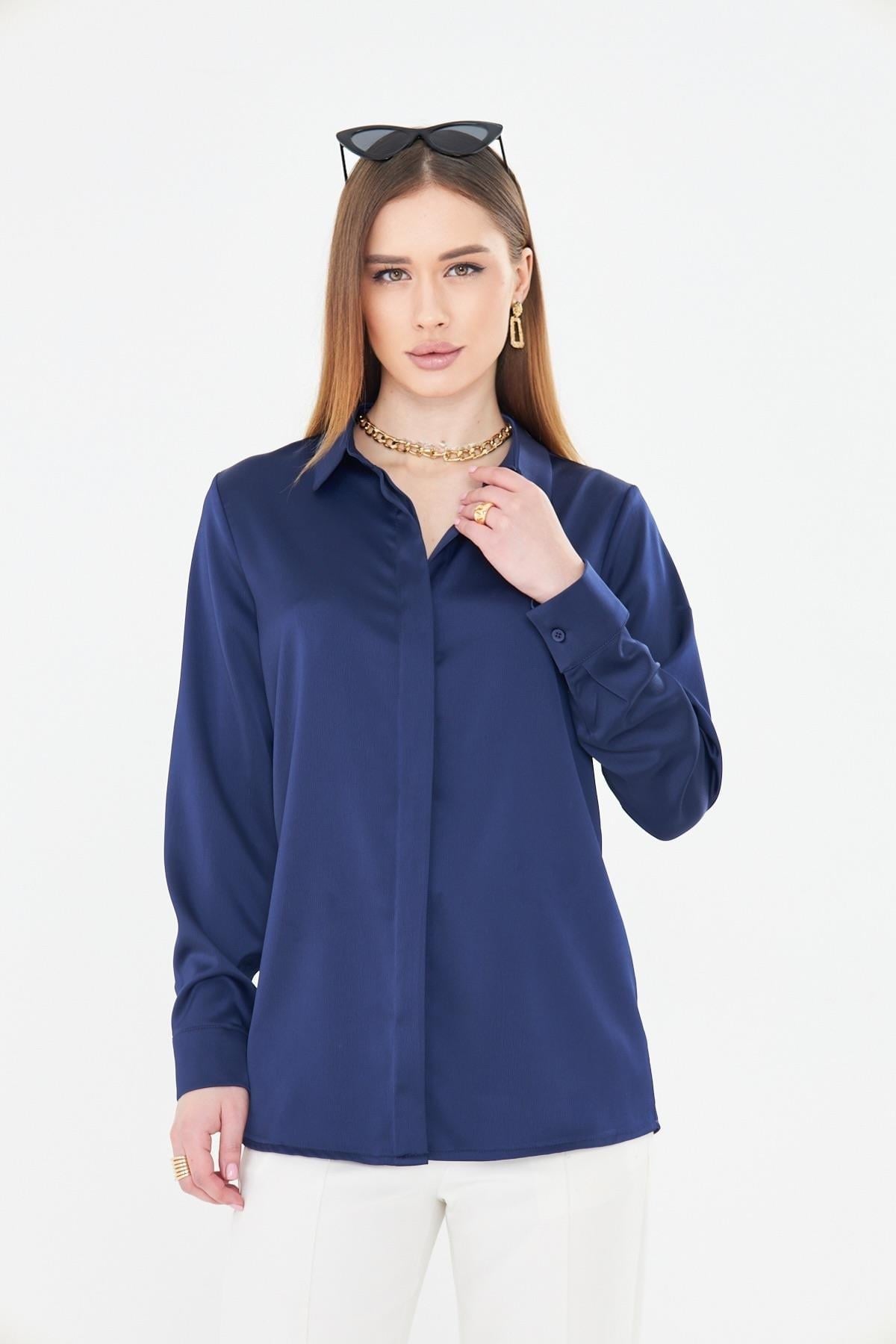 Lovelf Klasik Saten Gömlek Lacivert