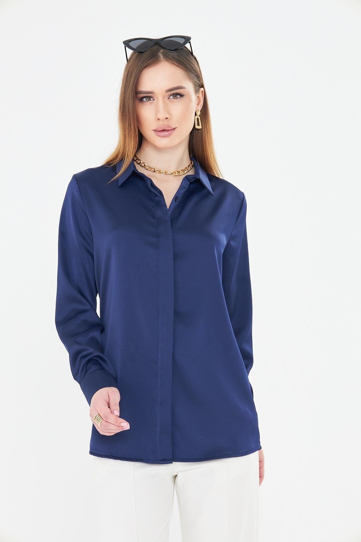 Lovelf Klasik Saten Gömlek Lacivert