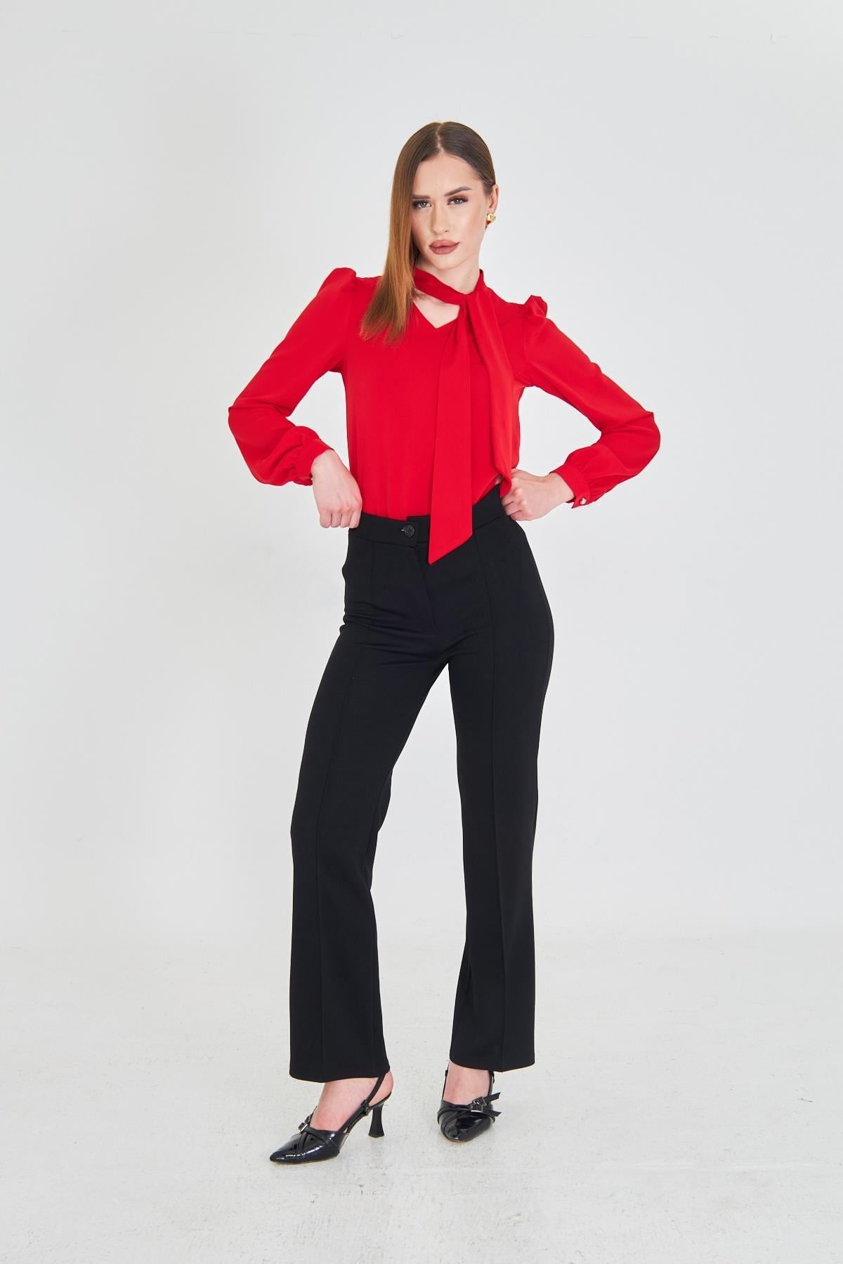 Lovelf Büzgü Kol Fularlı Gömlek Kırmızı