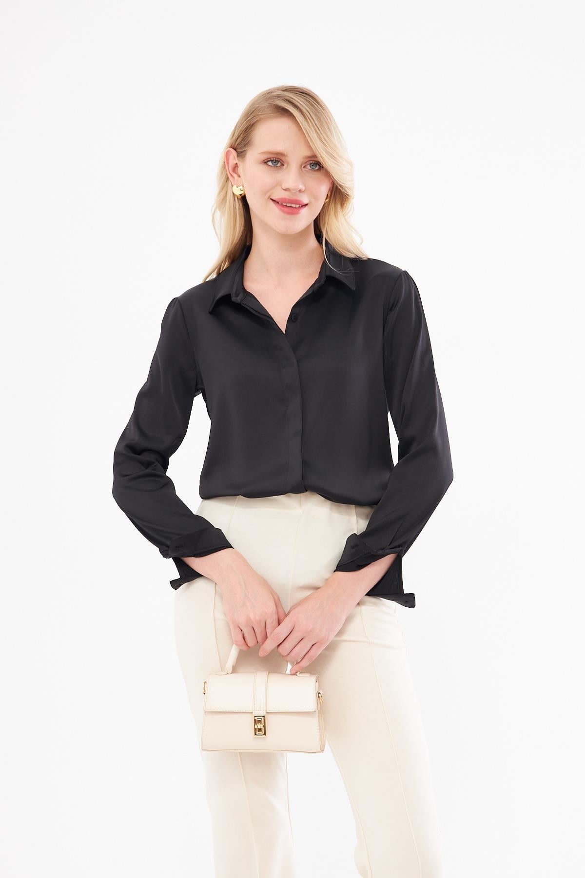 Lovelf Klasik Saten Gömlek Siyah