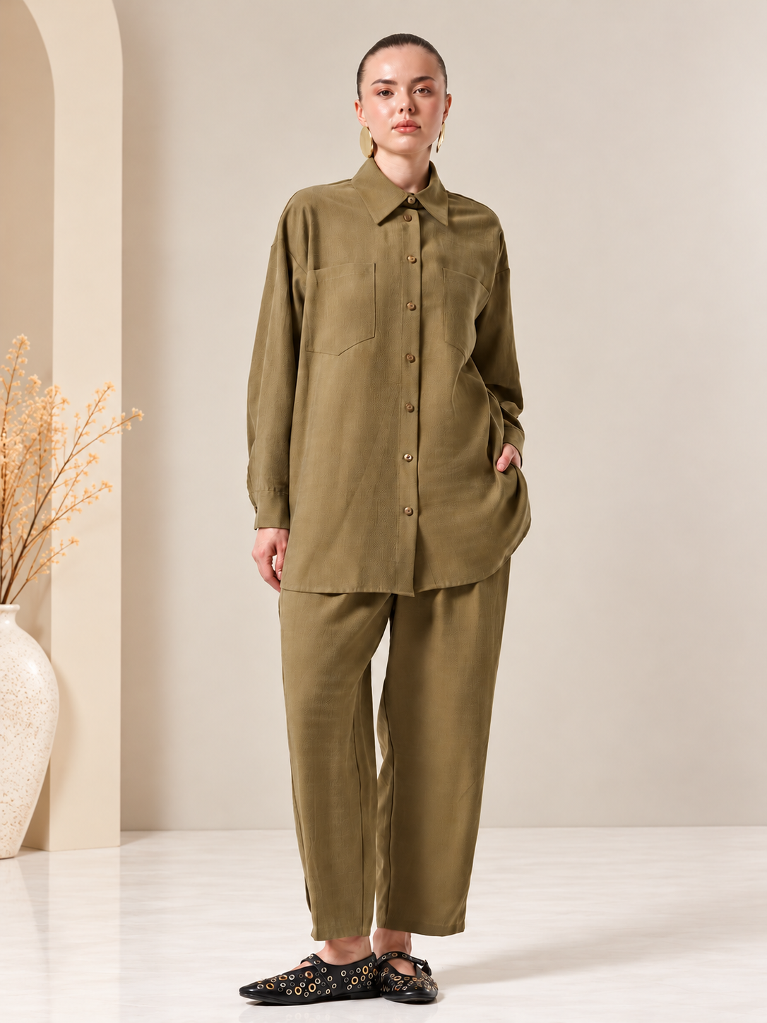 Nuss 1092 Çift Cep Detay Kendinden Desenli Takım Olive