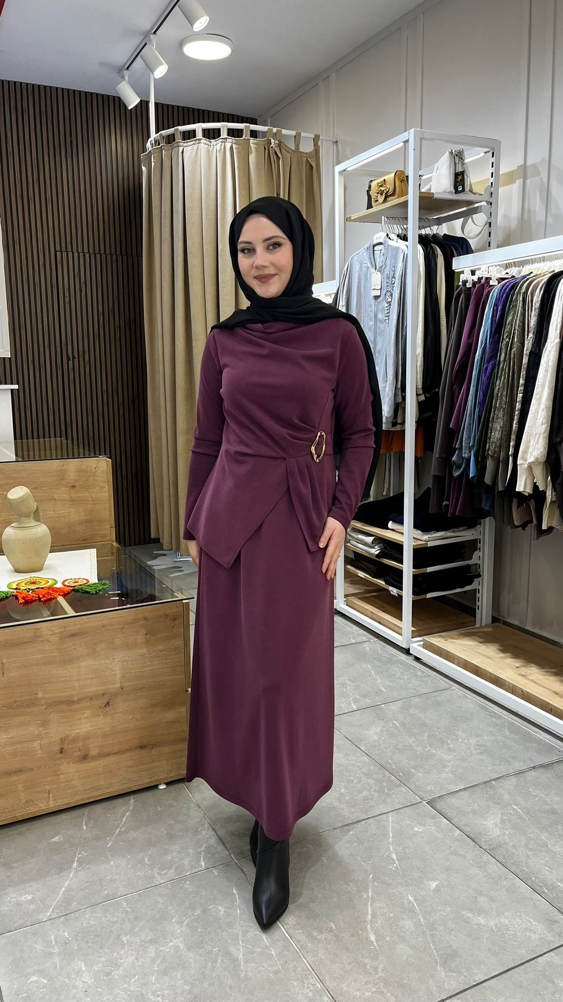 Nuss 1080 Gold Toka Detaylı Drapeli Balıkçı Yaka Etekli Takım Mürdüm