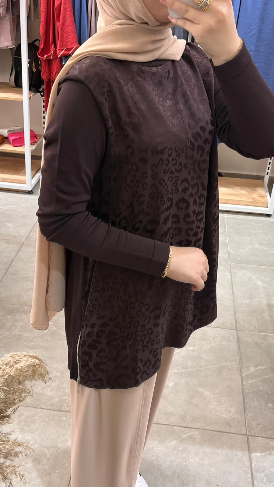 Nuss 3002 Leopar Jakar Detay Merserize Tunik Kahve