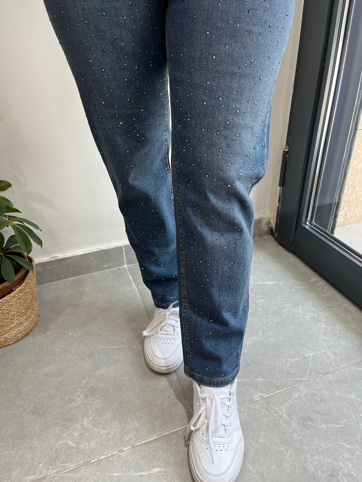 Mom Jeans Damla Taş İşlemeli Kot Pantolon Koyu Mavi 0291