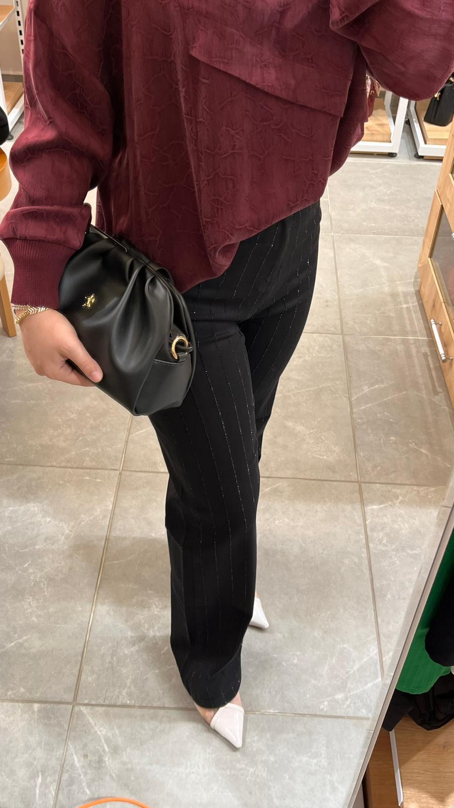 La Carte Kadın  Şerit Taşlı Bol Paça Pantolon Siyah