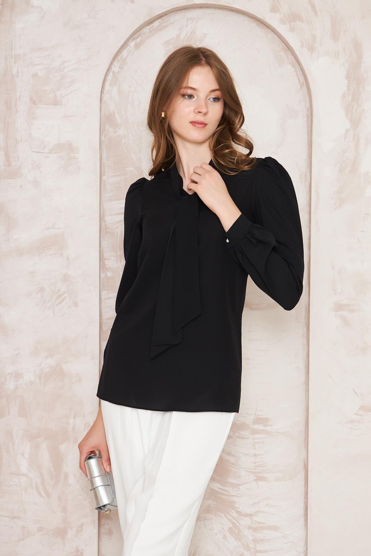 Lovelf Büzgü Kol Fularlı Gömlek Siyah