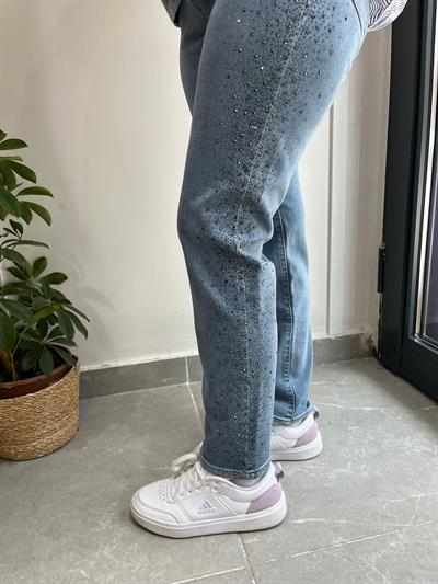 Mom Jeans Yandan Taş İşlemeli Kot Pantolon 0291