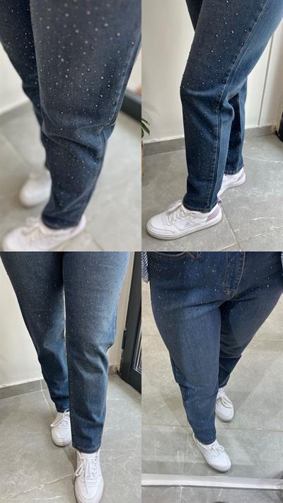 Mom Jeans Damla Taş İşlemeli Kot Pantolon Koyu Mavi 0291