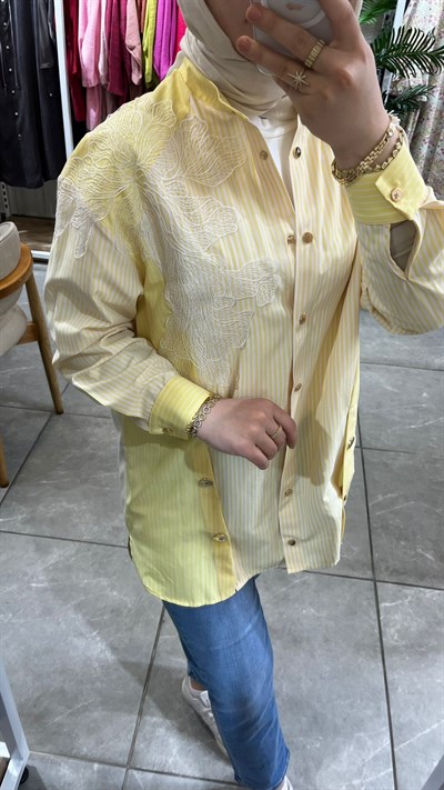 Qmash Nakış Detaylı Çizgili Gömlek Sarı 9189