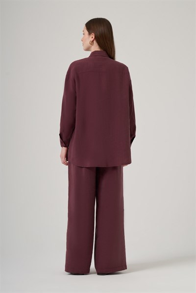 Nuss 1063 Tek Cep Kapak Detaylı Tencel Kumaş Gömlek Yaka Pantolonlu Takım Mürdüm