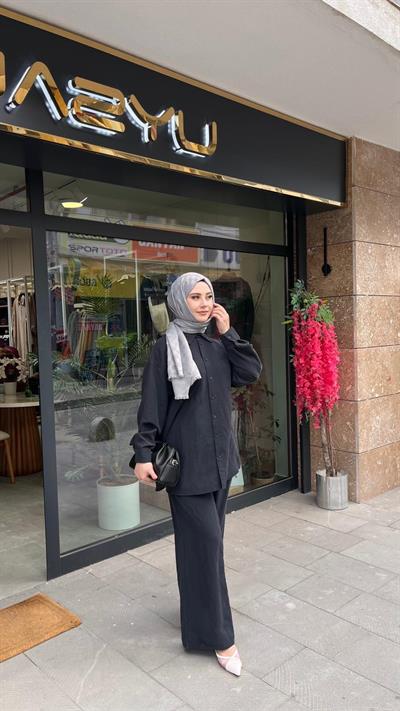 Nuss 1021 Kendinden Çizgili Pantolonlu Takım Siyah