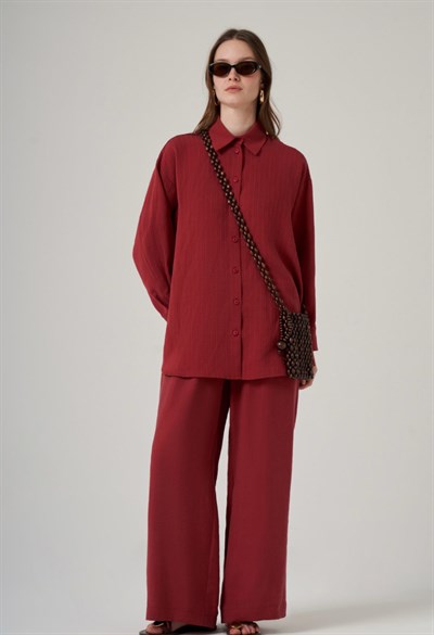 Nuss 1081 Kendinden Çİzgili Pantolonlu Takım Red Plum