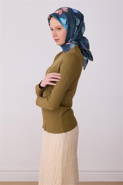 Belli Lacivert Obje Desen %100 Twill İpek Eşarp 4329-50