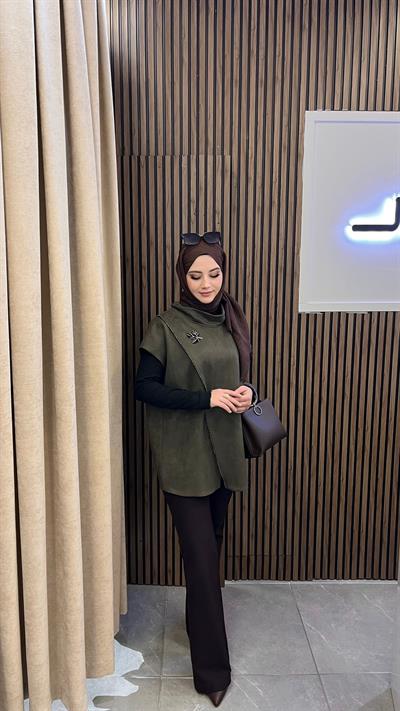 Qmash 02911 Süet Süveter Yeşil – Yaprak İşleme Detaylı Dik Yaka