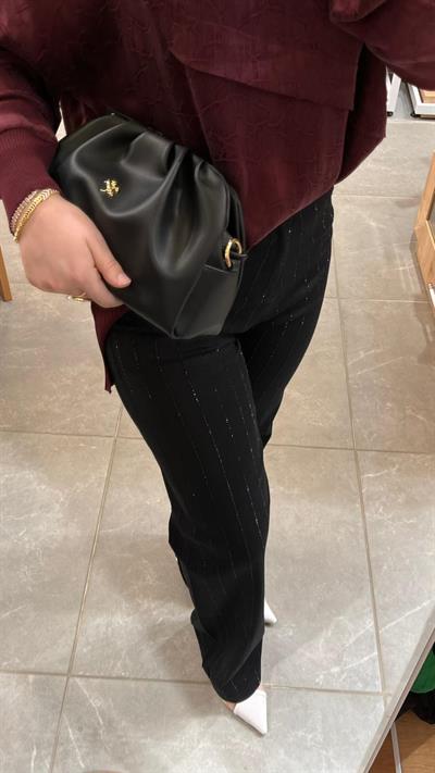 La Carte Kadın  Şerit Taşlı Bol Paça Pantolon Siyah