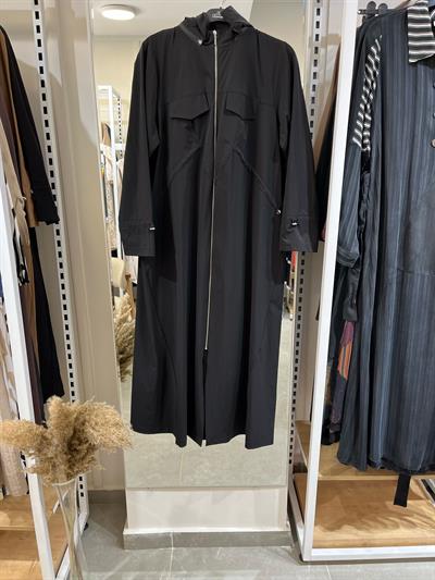 Fatma Danışman Fermuarlı Kapşonlu Trenç Siyah 4456