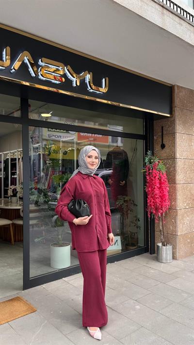 Nuss 1021 Kendinden Çizgili Pantolonlu Takım Bordo