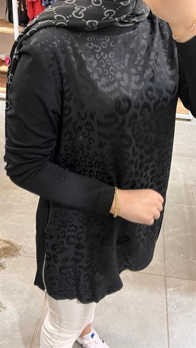 Nuss 3002 Leopar Jakar Detay Merserize Tunik Siyah