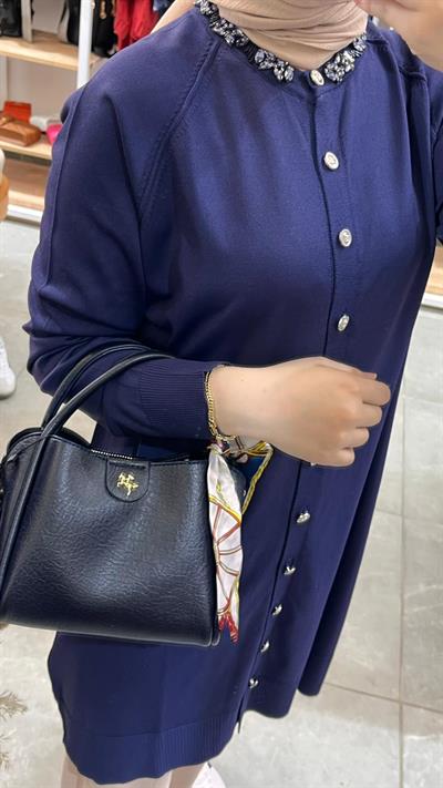 Nuss 300T Yakası Taş İşlemeli Merserize Tunik Lacivert