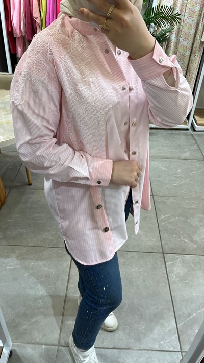 Qmash Nakış Detaylı Çizgili Gömlek Pembe 9189