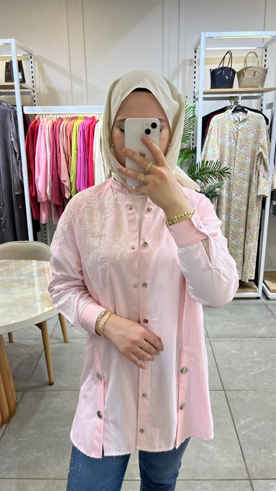 Qmash Nakış Detaylı Çizgili Gömlek Pembe 9189