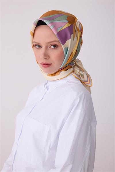 Belli Ekru Çok Renkli Çiçek Desen %100 Twill İpek Eşarp 4303-83