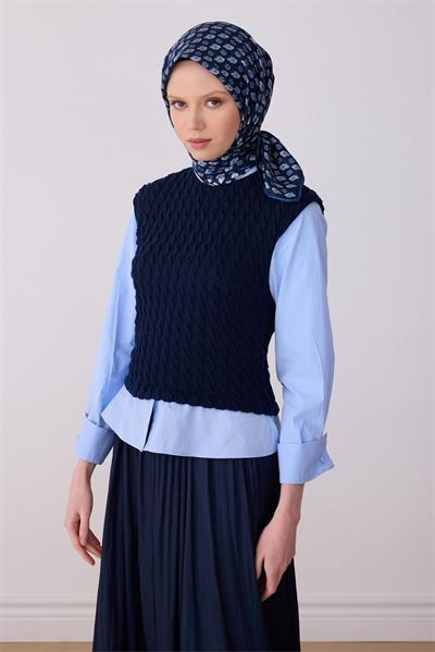 Belli Lacivert Etnik Desen %100 Twill İpek Eşarp 4308-04