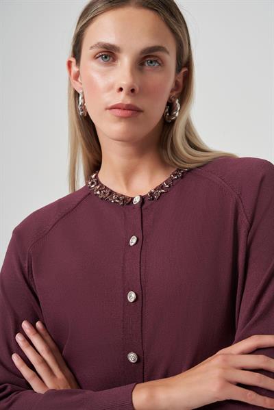 Nuss 300T Yakası Taş İşlemeli Merserize Tunik Bordo