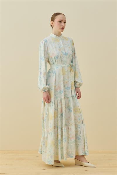 Merwish Çiçekli Yaz Elbise 1720 Ekru