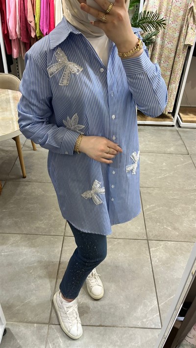 La Carte Yandan Damla Taş İşlemeli Mom Jeans Pantolon YT Mavi 0291