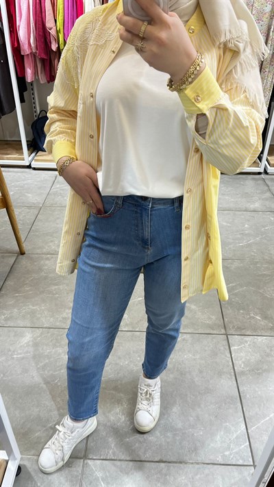 La Carte Mom Jeans Düz Kot Pantolon Orta Mavi-Kim 0291-D