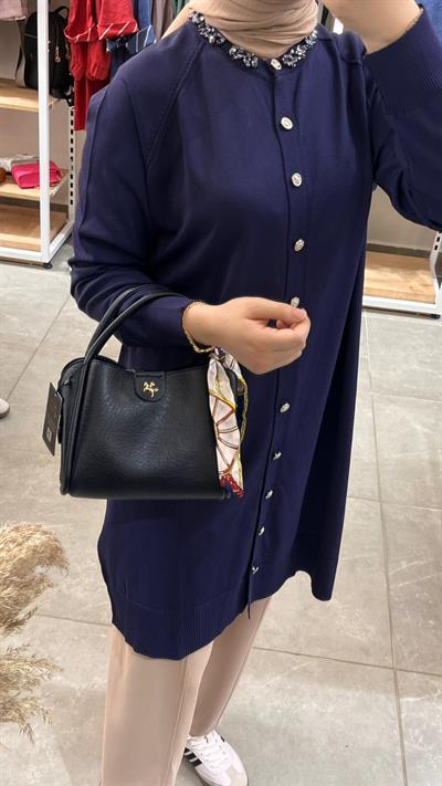 Nuss 300T Yakası Taş İşlemeli Merserize Tunik Lacivert