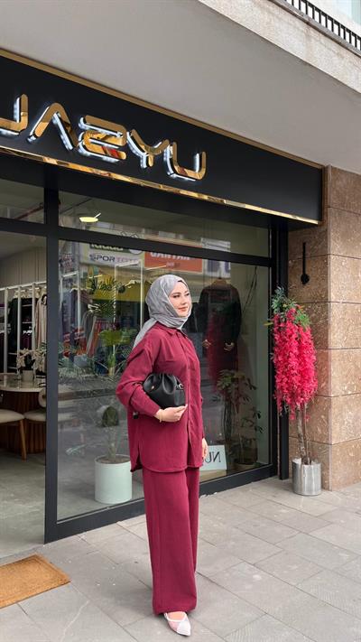 Nuss 1021 Kendinden Çizgili Pantolonlu Takım Bordo