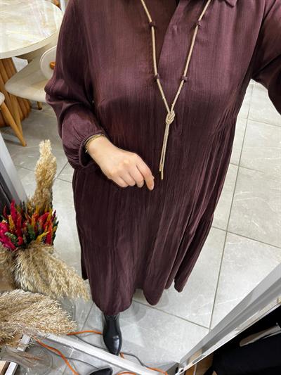 LissMore 5793 Kolye Detay Kırışık Elbise Bordo