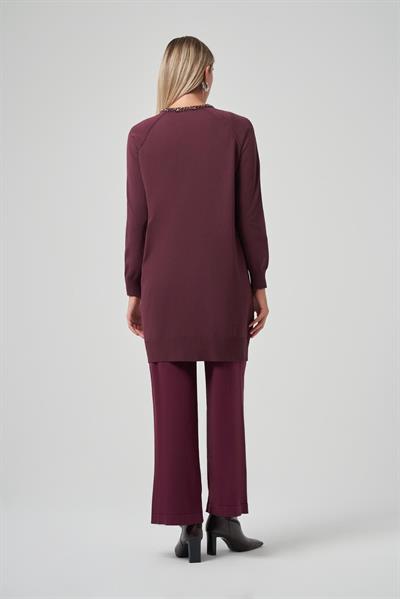 Nuss 300T Yakası Taş İşlemeli Merserize Tunik Bordo