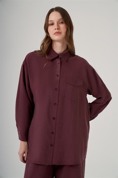 Nuss 1063 Tek Cep Kapak Detaylı Tencel Kumaş Gömlek Yaka Pantolonlu Takım Mürdüm