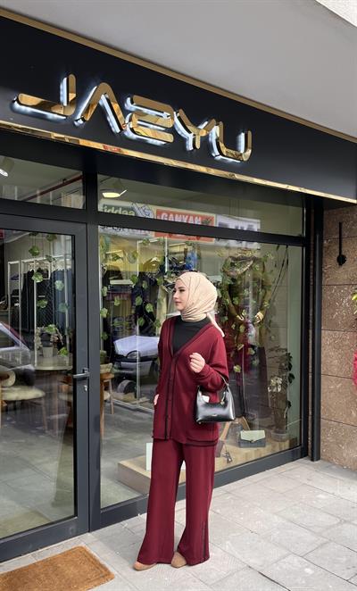 Tığ Triko 5035 Çizgi Detaylı Ribana Takım Bordo