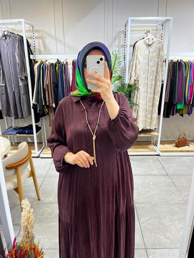 LissMore 5793 Kolye Detay Kırışık Elbise Kahve